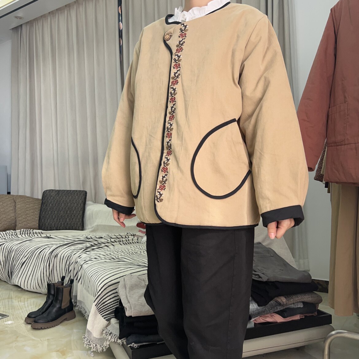 冬季森系外套棉服女重工刺绣保暖加厚棉衣日系