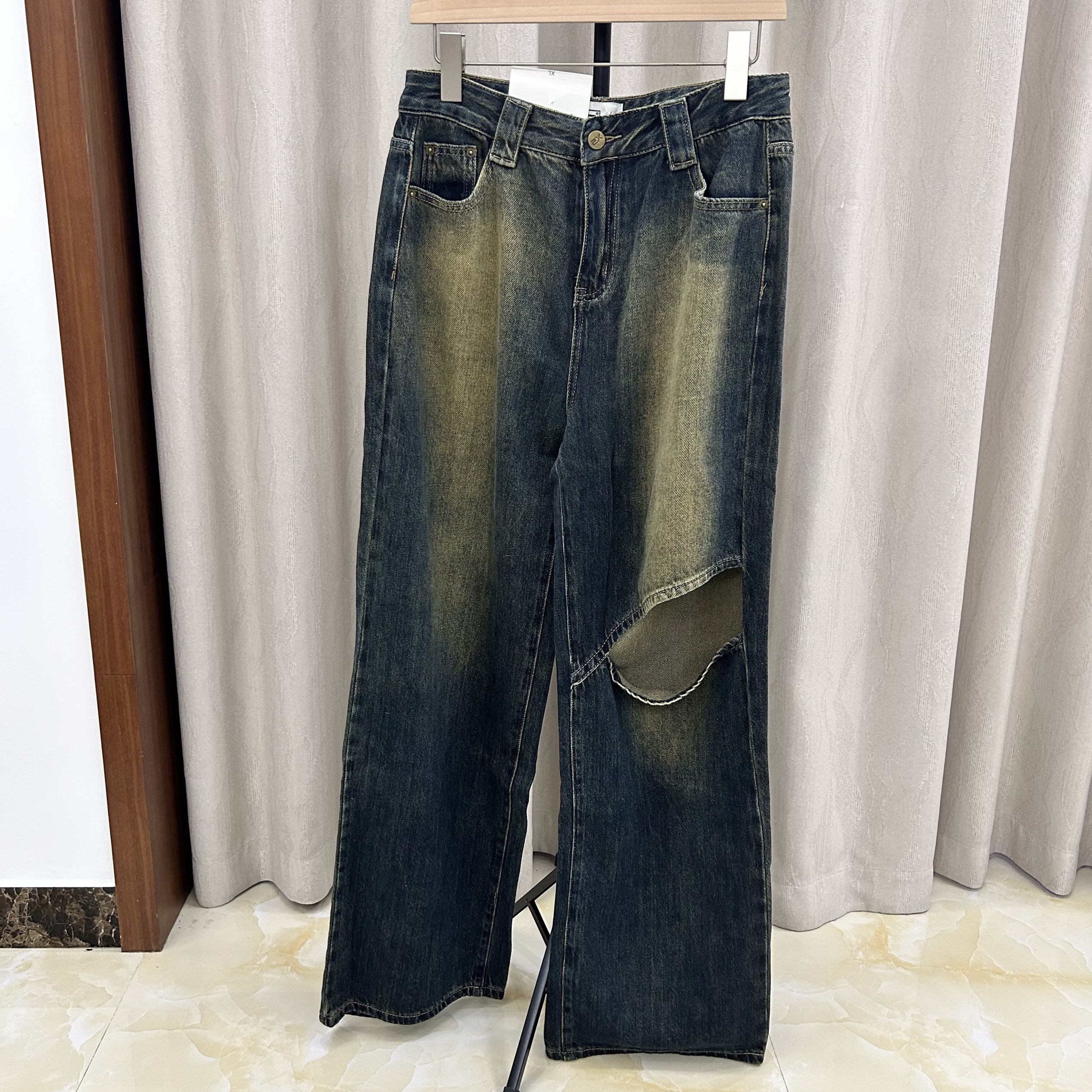 加大码 X2家做旧复古黄绿色破洞牛仔裤拖地裤夏季韩版