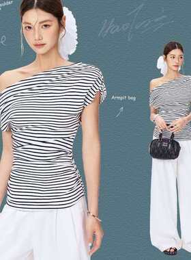 独特设计感条纹斜领短袖女2026夏季新款小心机露肩T恤东南亚上衣