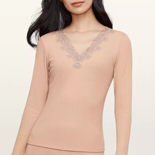 23款谢欣同款安莉芳蕾丝花边v领打底上衣女士保暖长袖秋衣ED00340