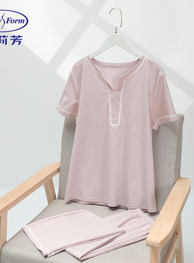 安莉芳丝光棉V圆短袖睡衣睡裤女士家居服套装EL00719/睡裙EL00720