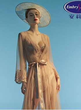 安莉芳夏季薄款蕾丝边睡袍女性感网纱长袖家居服EL00454/EL00453