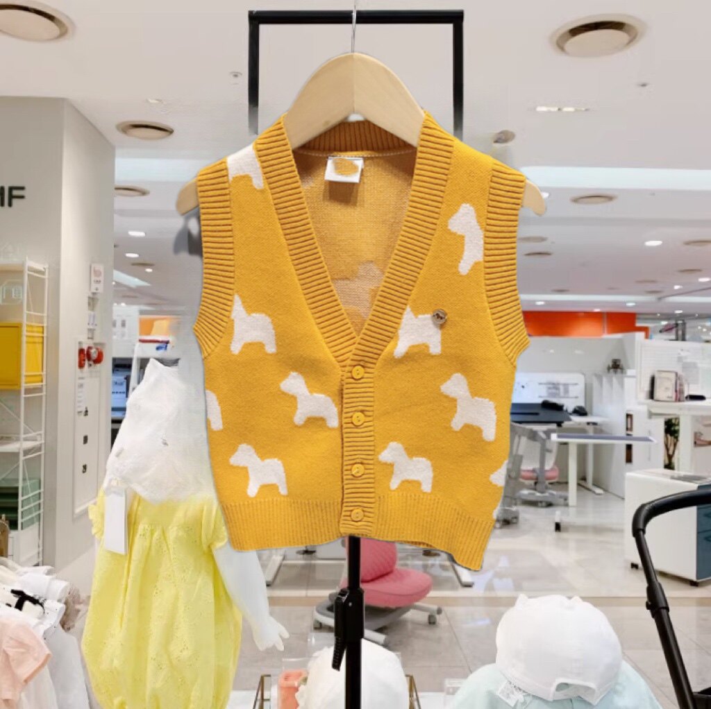 特价韩国童装春秋款马甲姜黄小马针织背心洋气坎肩纯棉线纽扣开衫