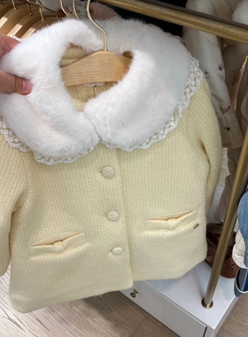 韩国童装25冬新款女童宝宝毛领毛呢巨显白黄色大衣 时尚保暖外套