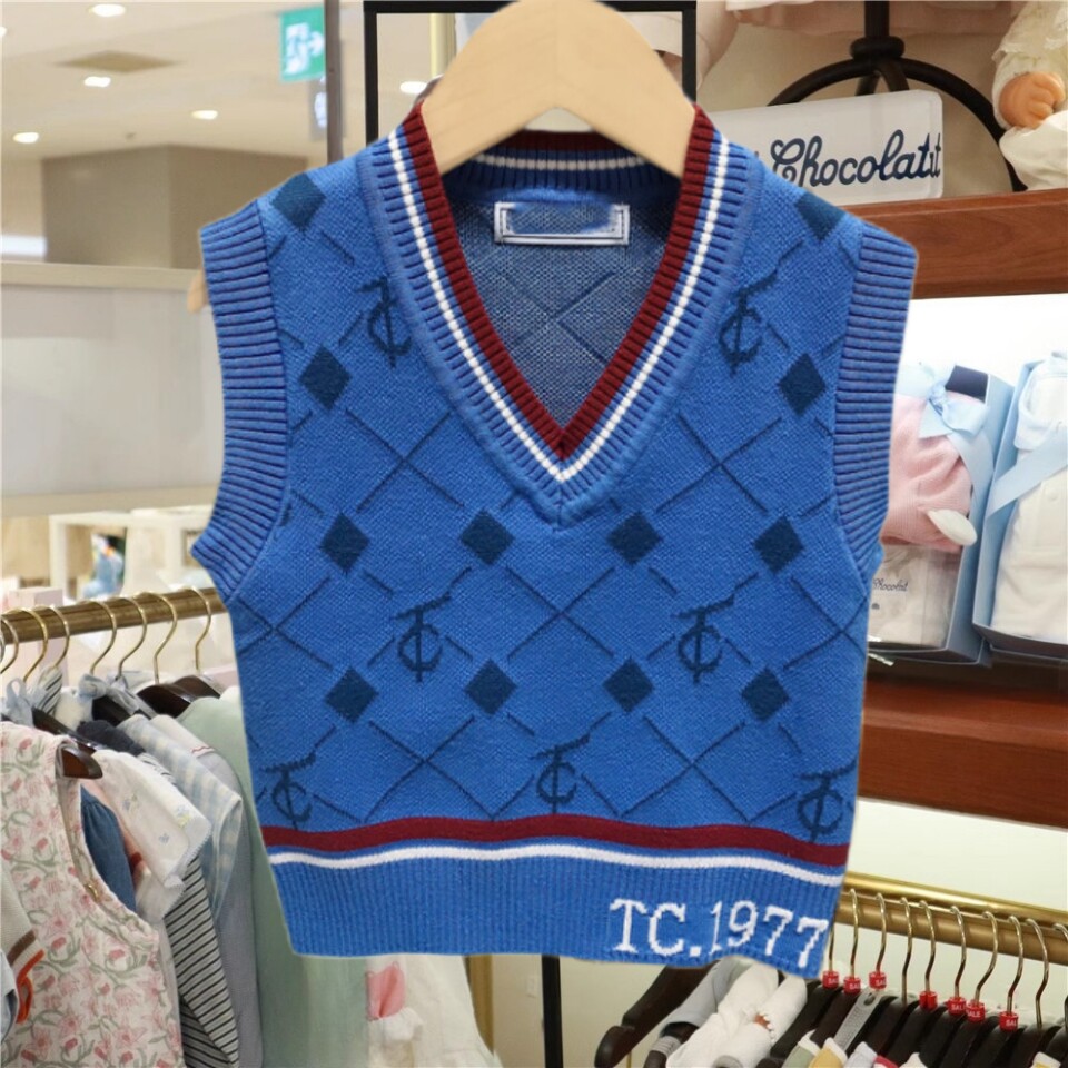 特价清仓法国童装春秋款男童宝宝V领针织背心纯棉线马甲蓝色坎肩