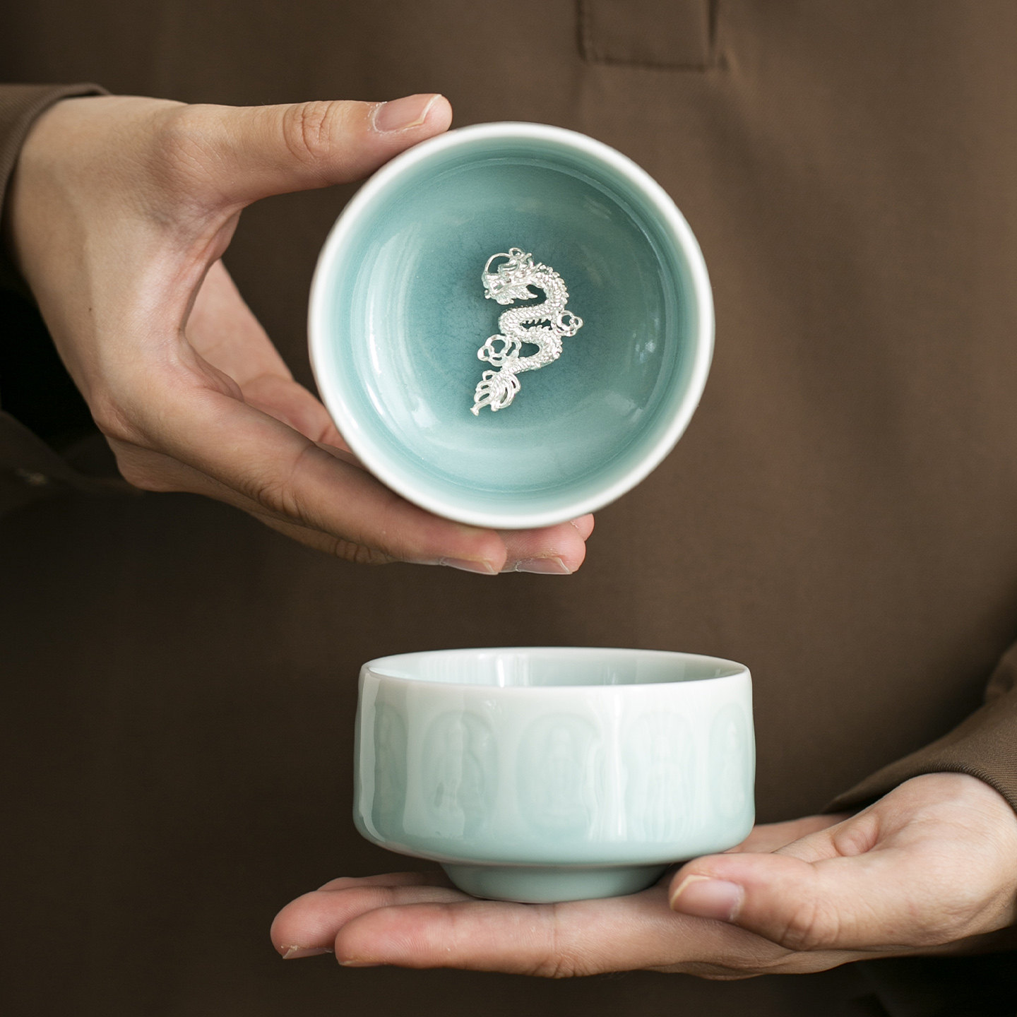 青瓷镶银主人杯中式单个高档功夫茶具家用陶瓷个人专用精美喝茶杯
