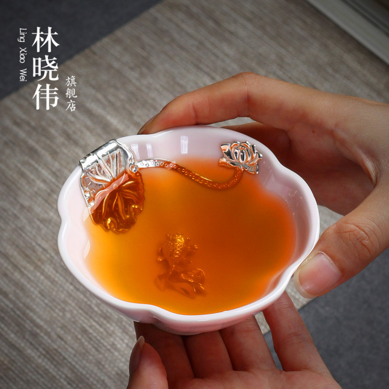 天目釉镶银陶瓷建盏窑变茶杯