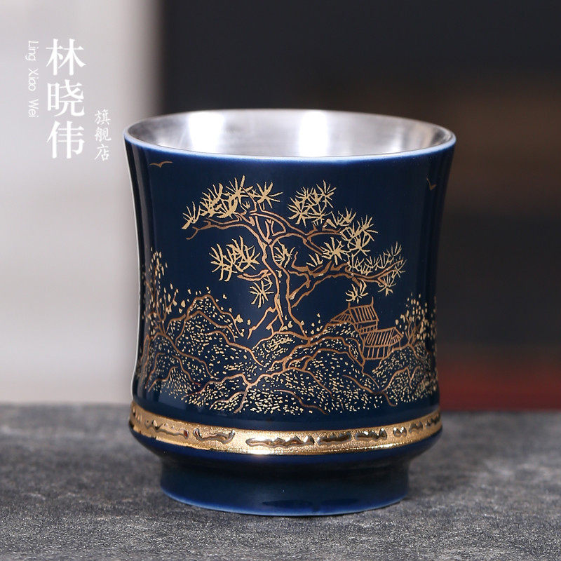 999银杯子内胆纯银茶具银茶杯 镶金主人杯工艺功夫陶瓷鎏银品茗杯