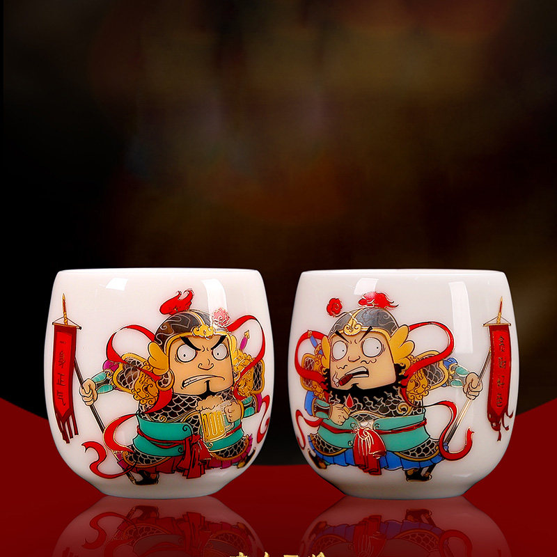 徐建勇&徐福坤哼哈二将中式陶瓷羊脂玉对杯高档礼品送领导长辈