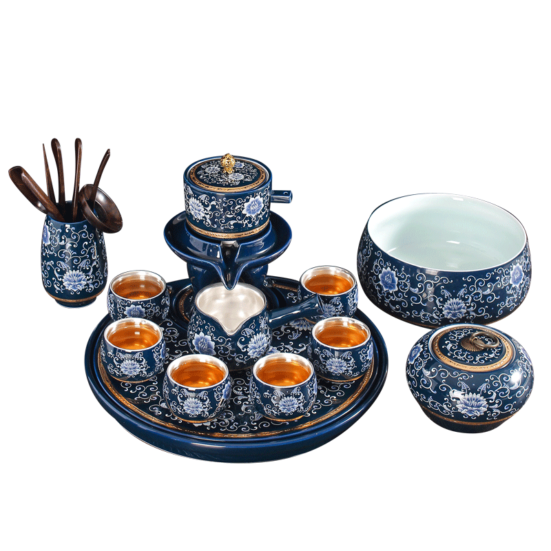 景德鎮(zhèn)手工鎏銀茶具套裝家用簡(jiǎn)約懶人泡茶石磨半自動(dòng)茶具功夫茶杯