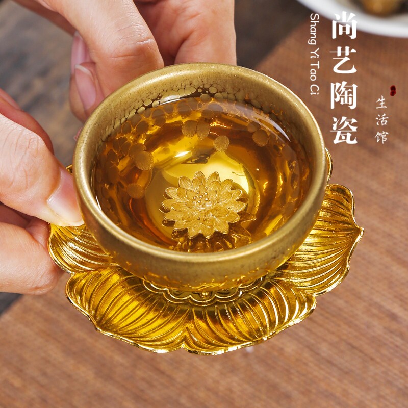 窑变镶银陶瓷茶杯鎏金建盏功夫茶具纯银品茗杯主人杯个人普洱单杯