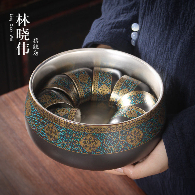 纯银茶洗家用大号水盂日式禅意功夫茶具配件珐琅彩镶银笔水洗摆件