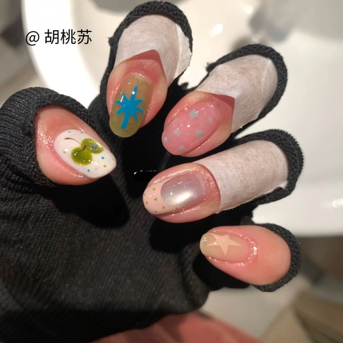 韩系少女心ins风青苹果法式波点星星猫眼短椭圆新款跳色美甲贴片