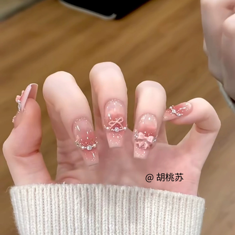 温柔纯手工蝴蝶结少女美甲穿戴高级爆闪甜美猫眼显白法式中长款,彩妆/香水/美妆工具,穿戴甲/甲片,淘宝优惠券,粉丝福利购,淘宝优惠卷