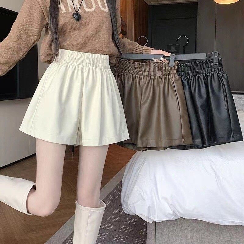 PU皮裤短裤女2025新款秋款松紧腰阔腿裤冬天高腰a字白色外穿靴裤