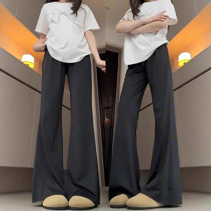 黑色微喇裤女2025新款夏季薄款垂感速干小个子冰丝喇叭运动裤
