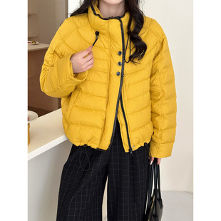 韩系高级感撞色立领排骨羽绒服女冬2025新款小个子白鸭绒软糯外套