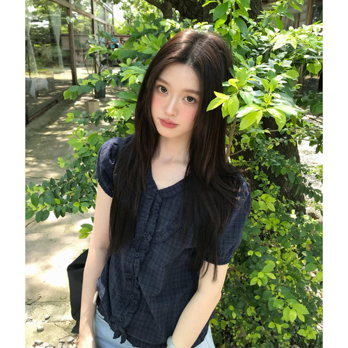 复古设计感小众木耳边短袖衬衫女