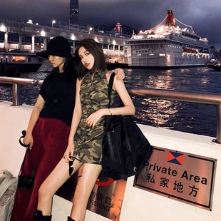 迷彩服裙子 女polo领辣妹风挂脖性感显收瘦连身短款 无袖 连衣裙夏季