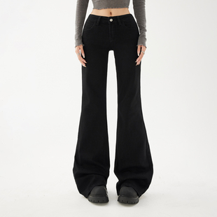 HDDD美式辣妹低腰阔腿裤秋冬不贴腿百搭显瘦弹力喇叭裤黑色牛仔裤