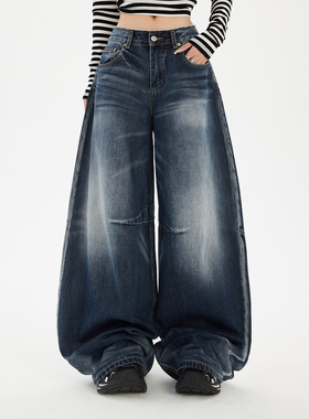 HDDD复古美式高腰宽松阔腿裤弯刀裤韩版百搭渐变猫纹牛仔裤蓝灰