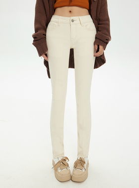 HDDD低腰辣妹修身复古百搭小脚裤弹力显瘦美式九分裤杏色牛仔裤