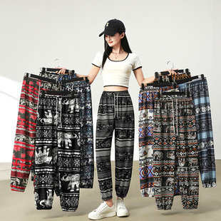 泰国大象裤沙滩防蚊裤家居碎花印花阔腿裤东南亚长裤女束脚九分裤