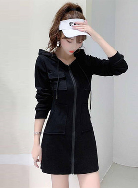 秋天autumn 连帽中长连衣裙女秋冬2022韩版宽松卫衣内搭打底裙女