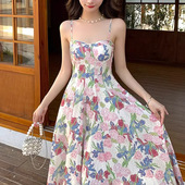 气质感小个子长裙 新款 茶歇法式 温柔风碎花吊带连衣裙子女夏季