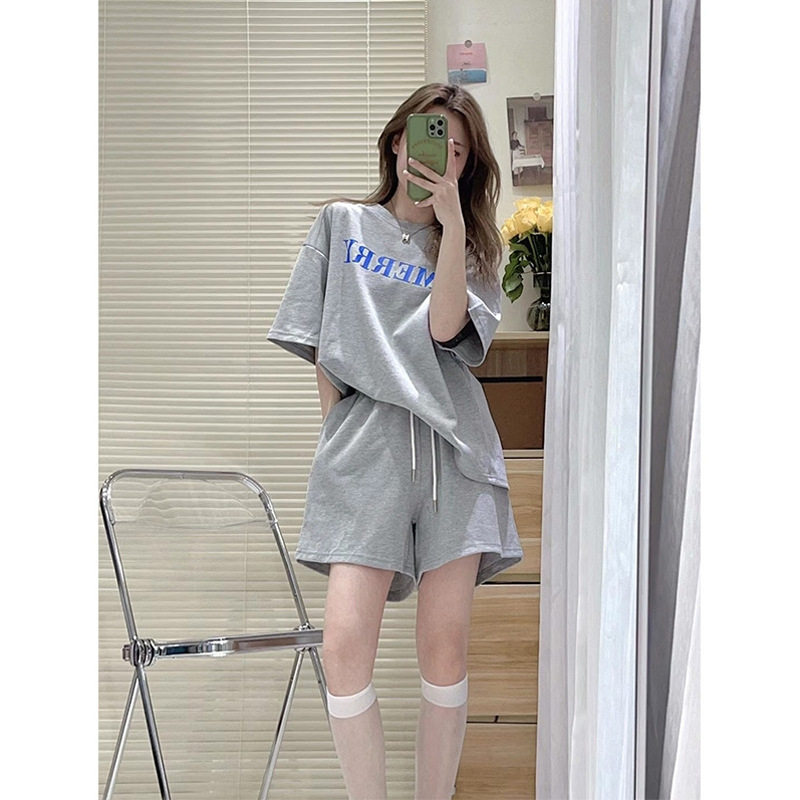 休闲慵懒风字母短袖棉恤运动套装女学生夏季外穿阔腿短裤两件套