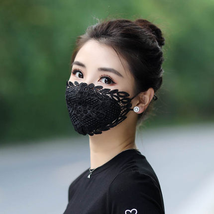 透气蕾丝布口罩造黑色夏季防晒防尘冰丝薄款口鼻罩女时尚个性可洗
