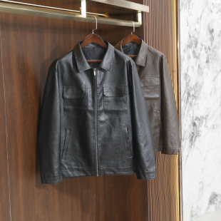 男士 高品质 春季 挺括有型 商务翻领机车服皮衣夹克 進口超纤皮