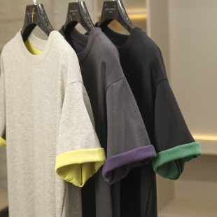 夏季 可配情侣 时尚 休闲打底短袖 设计师线 T恤衫 双面色织全棉