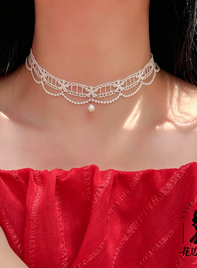 法式少女白色蕾丝珍珠颈链choker