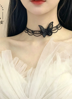 法式少女心森系choker蕾丝蝴蝶项链短款颈带百搭项圈锁骨链蝴蝶结