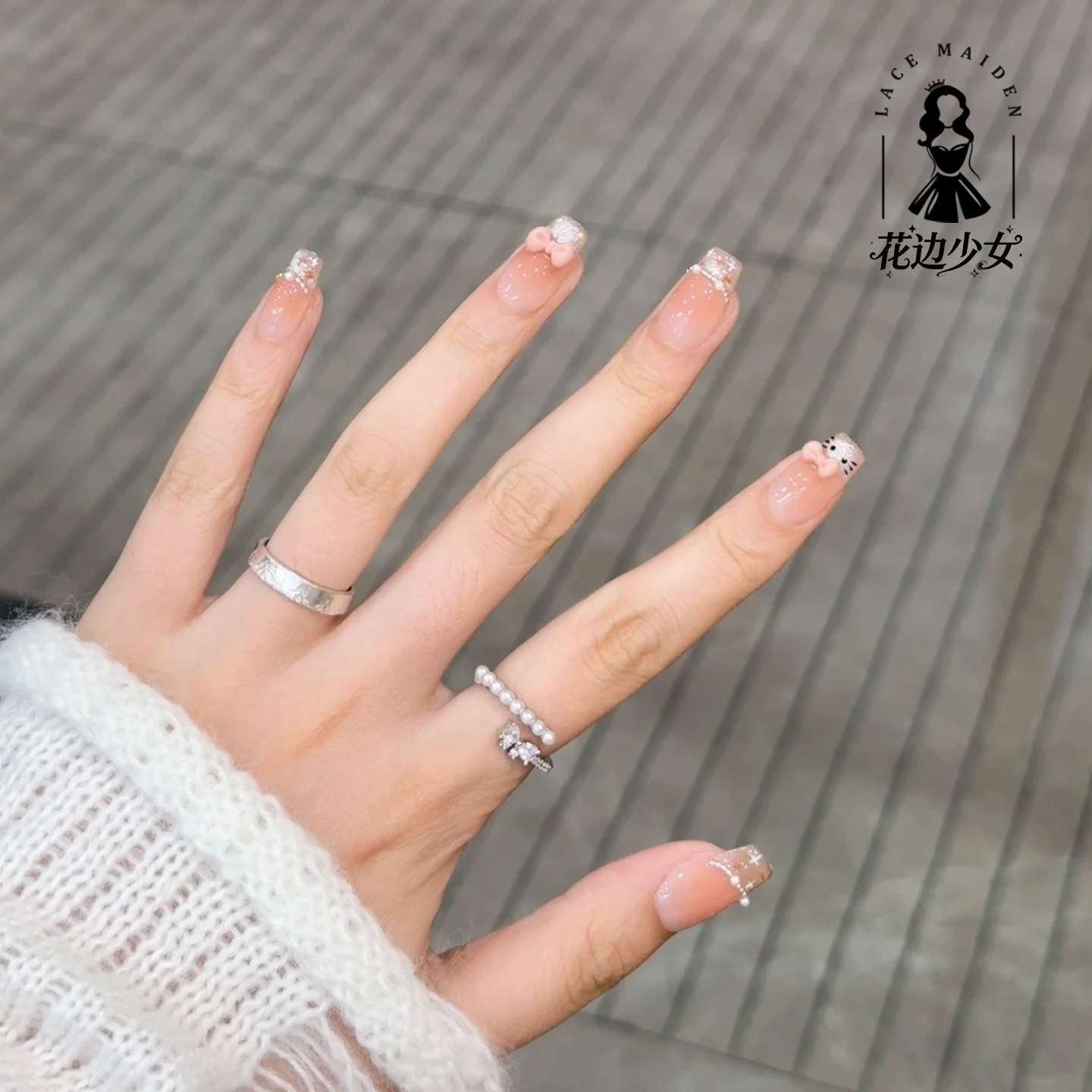 【甜心猫咪】腮红法式猫眼粉色可爱自然甜美蝴蝶结裸色手工穿戴甲