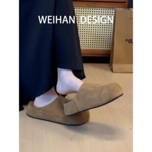 真皮外穿一脚蹬勃肯鞋 女复古大头鞋 厚底小个子包头半拖鞋 牛皮版