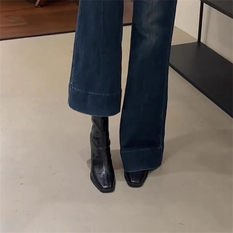 7cm~软羊皮法式粗跟弹力短靴女2025年复古方头气质瘦瘦靴切尔西靴