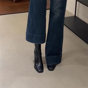 7cm~软羊皮法式粗跟弹力短靴女2024年复古方头气质瘦瘦靴切尔西靴
