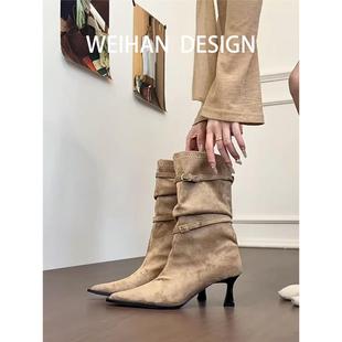 羊皮版！法式长筒靴女细高跟鞋冬季配大衣高筒长靴2025新款骑士靴