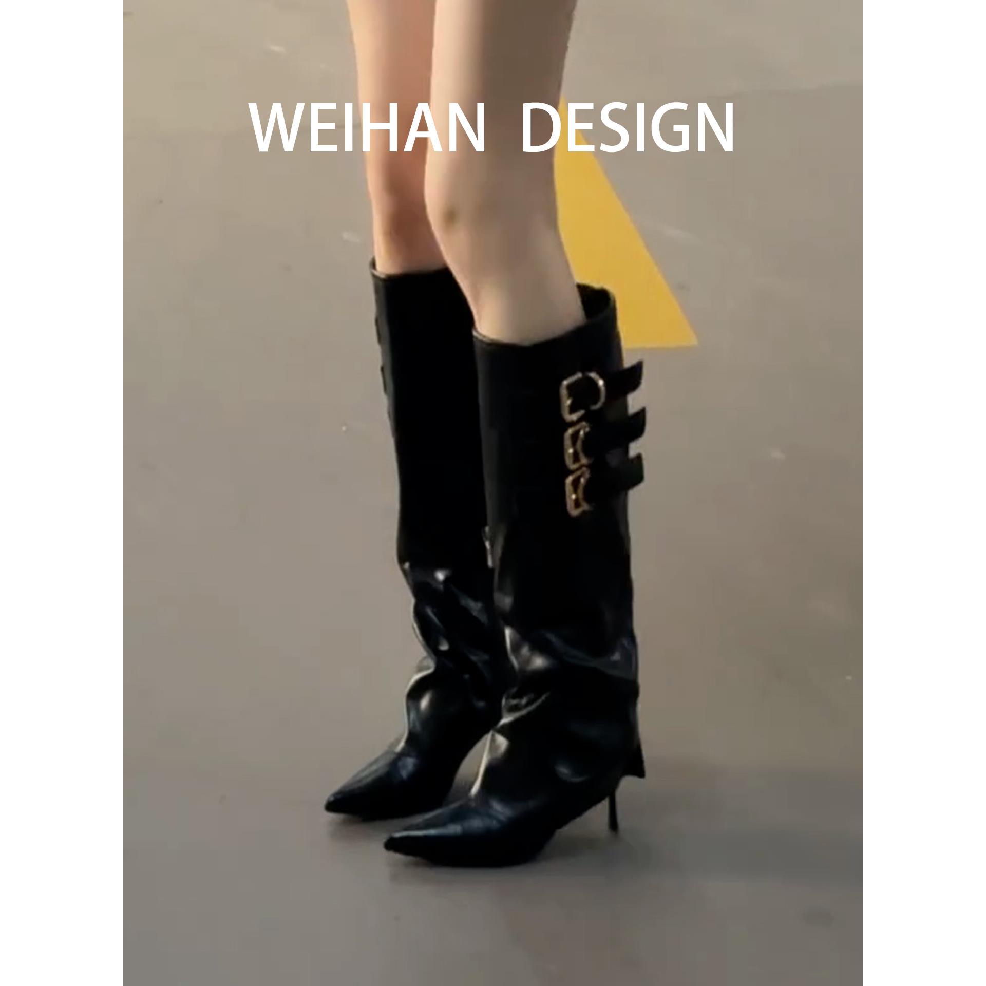 羊皮版！黑色尖头皮带扣裤管靴女细跟长筒靴高跟辣妹侧拉链骑士靴