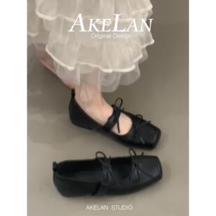 羊皮版~法式复古方头蝴蝶结玛丽珍鞋女2026新款软底浅口芭蕾单鞋
