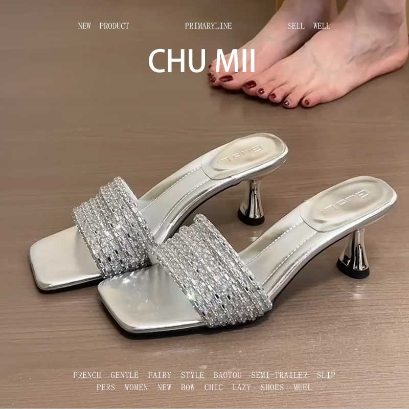 羊皮版~银色高跟鞋女水钻一字带方头细跟凉鞋配裙子气质凉拖鞋