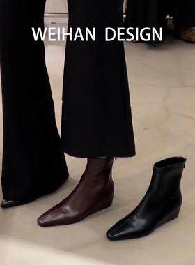 羊皮版！法式小方头坡跟短靴女百搭软皮时装靴不累脚内增高瘦瘦靴