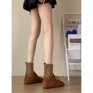 香港复古小众设计感袜子靴魔术贴瘦瘦靴女拼接系带短靴弹力内增高