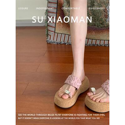 羊皮版！5cm坡跟厚底水钻套趾凉拖鞋2025夏季外穿法式增高一字拖