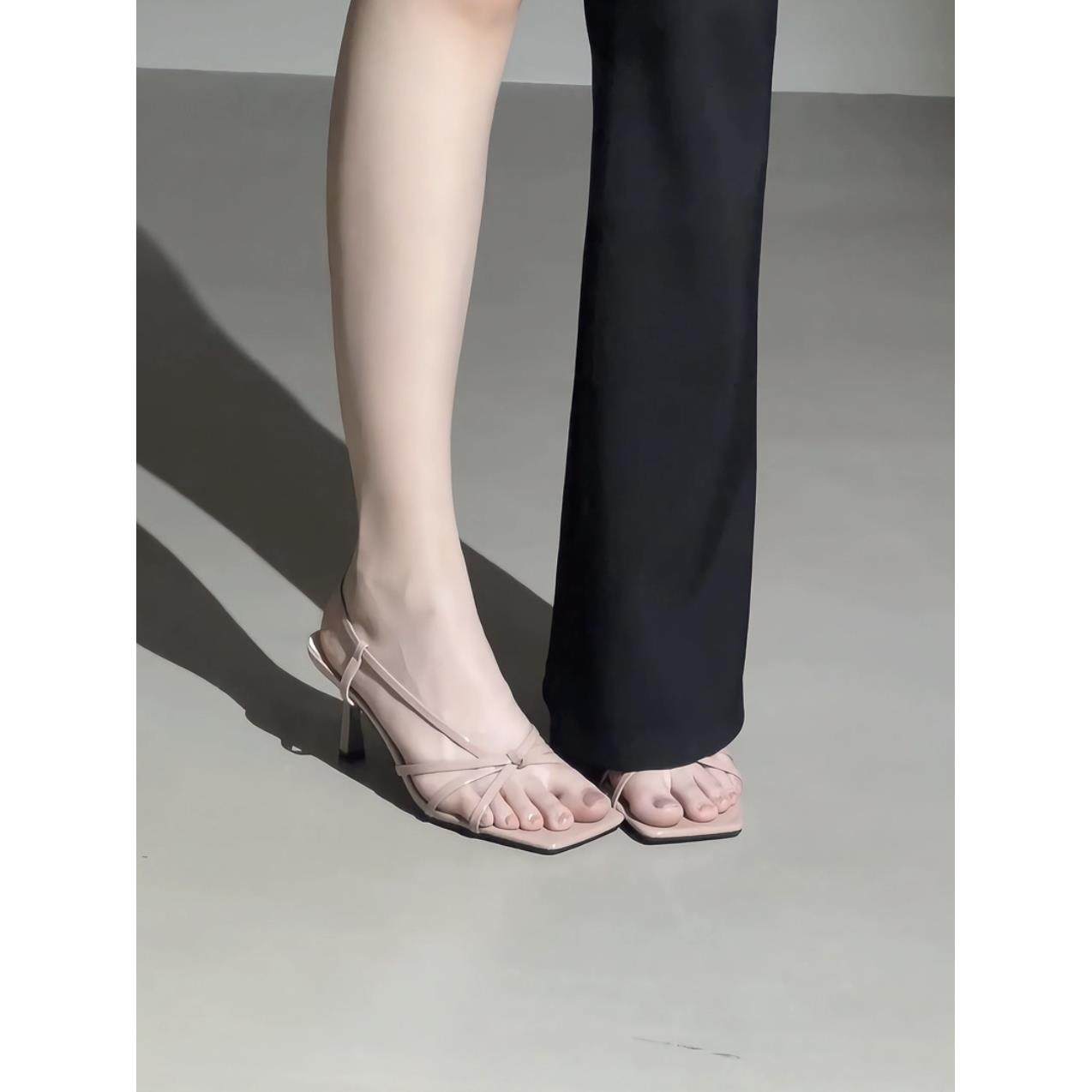 羊皮版！法式裸粉显白高跟鞋女气质一字带侧空细跟方头绝美凉鞋,女鞋,一字带凉鞋,淘宝优惠券,粉丝福利购,淘宝优惠卷