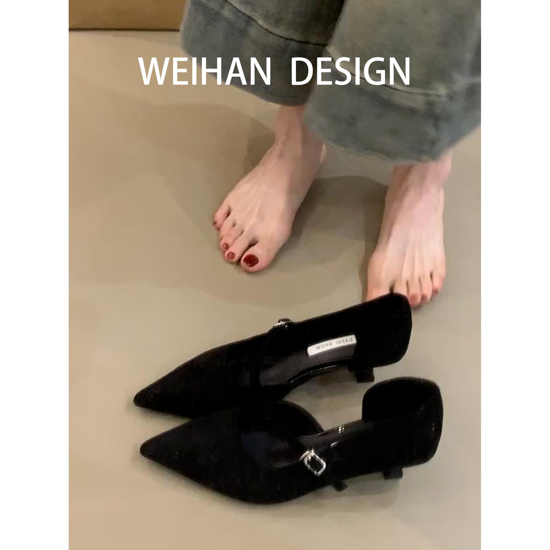 羊皮版！法式气质单鞋女尖头细跟侧空一字扣带尖头玛丽珍鞋奶奶鞋