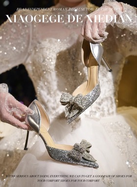 羊皮版！秀禾婚鞋新娘鞋水钻蝴蝶结高跟包头凉鞋女法式中空单鞋