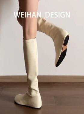 羊皮版！法式直筒弹力瘦瘦长靴女内增高圆头骑士靴百搭白色长筒靴